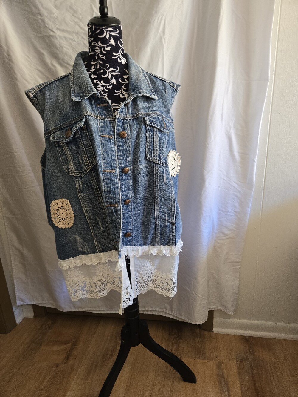 Denim Sleeveless Vest with Lace Trim - Blue
